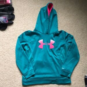 Dark teal and pink Under Armour Hooded Sweatshirt- Bright design on front